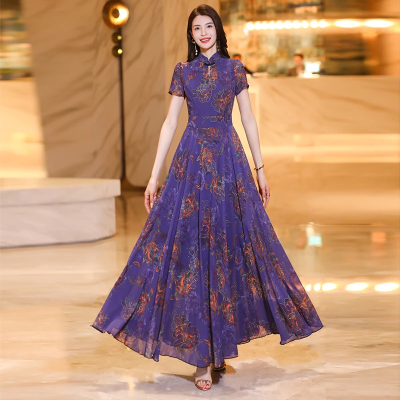 2025夏季新款中式旗袍领大摆显瘦气质长裙到脚踝高级感长款连衣裙