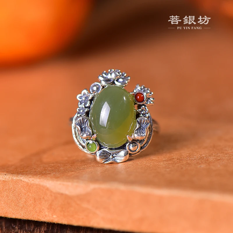 【菩银坊】s925银 和田玉 荷叶莲花戒指 时尚 气质