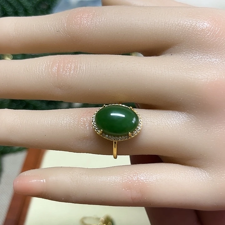 和田玉（碧玉）戒指银S925镀金镶嵌