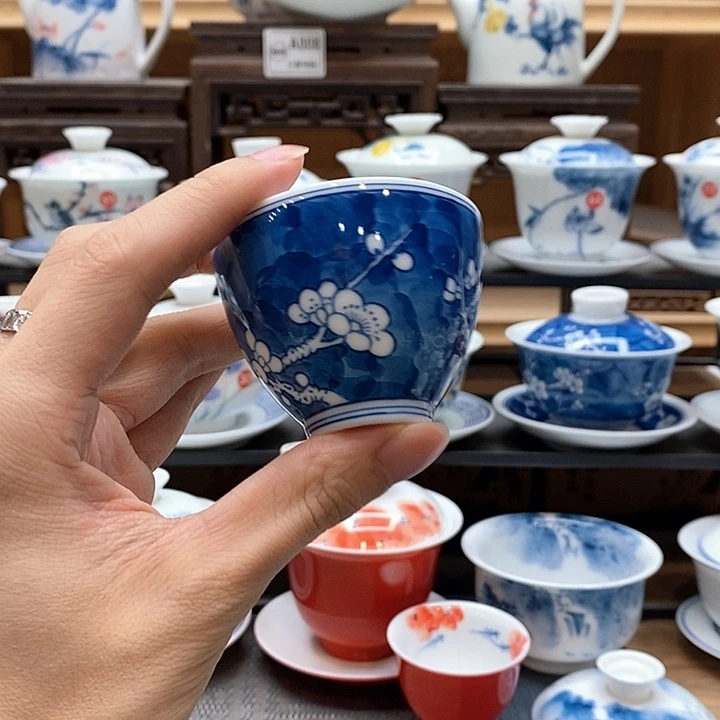 手绘冰梅杯子60cc釉下彩微瑕福利款