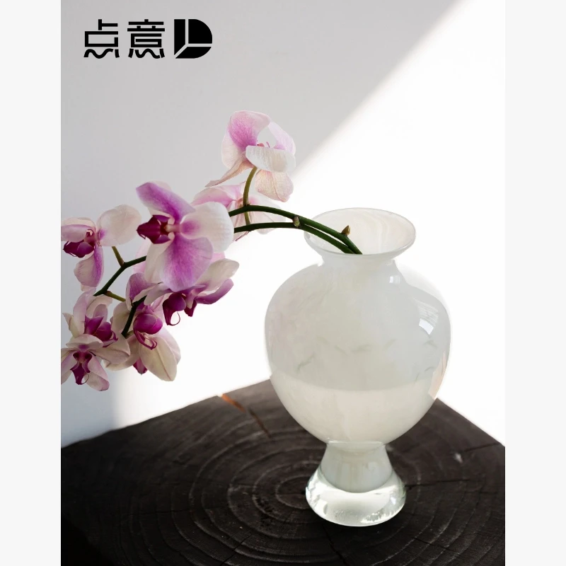 复古瓷白色小口圆肚法式琉璃高脚花瓶摆件中古小众设计感装饰花器