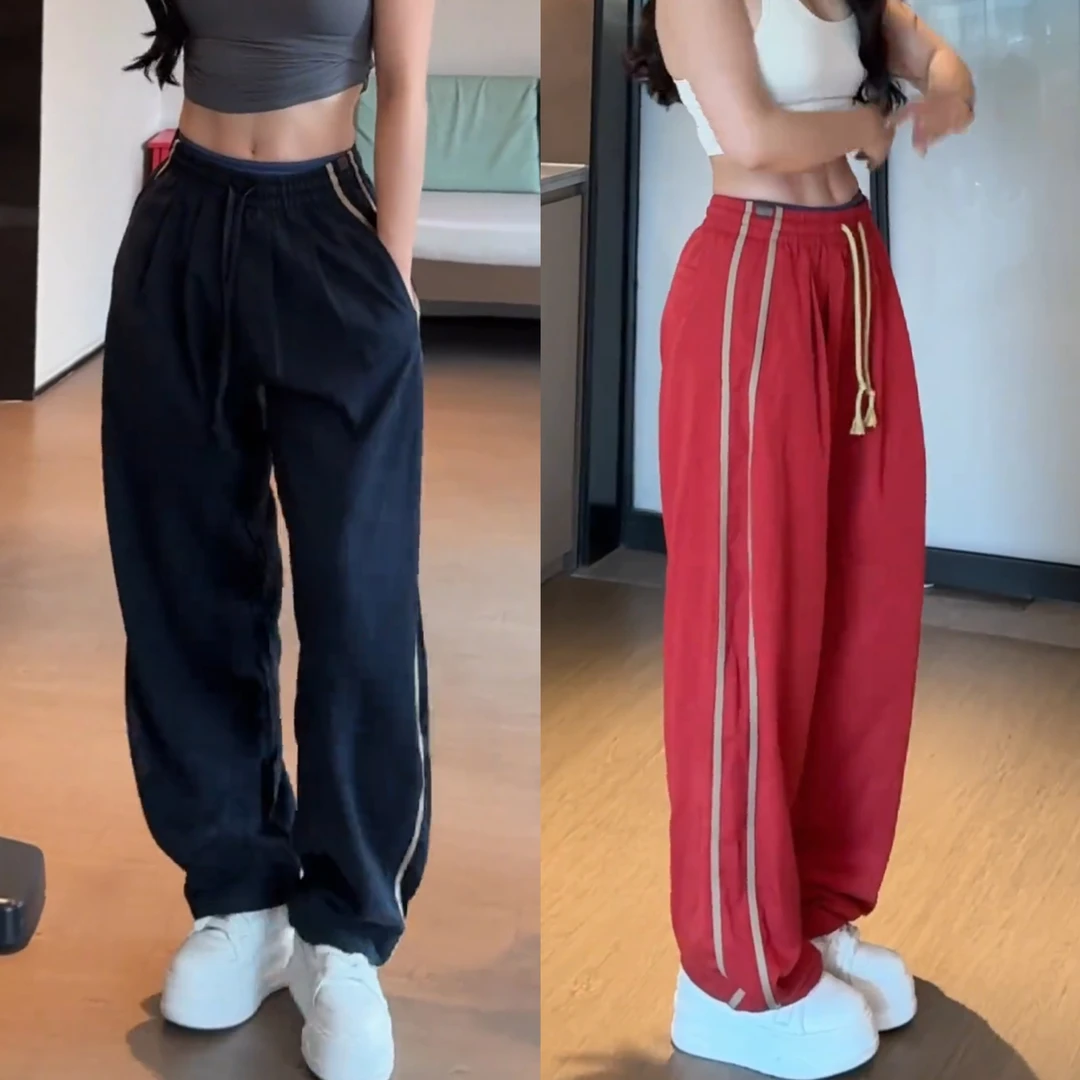 【北木服饰】夏季抽绳松紧腰垂感显瘦运动直筒百搭垂感条纹休闲裤男