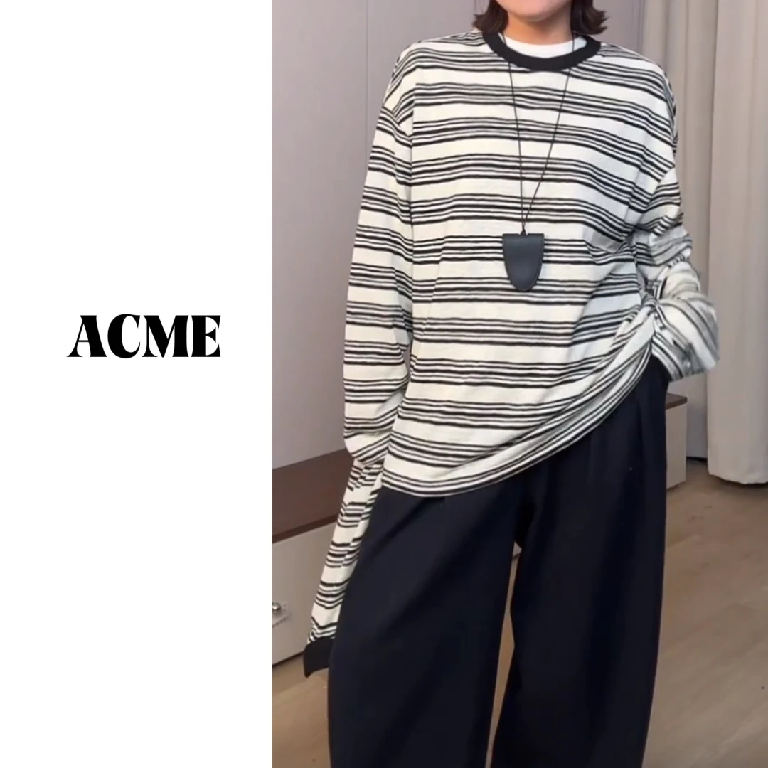 ACME“随意慵懒”复古miu风麻纹条纹撞色设计感宽松长袖T恤
