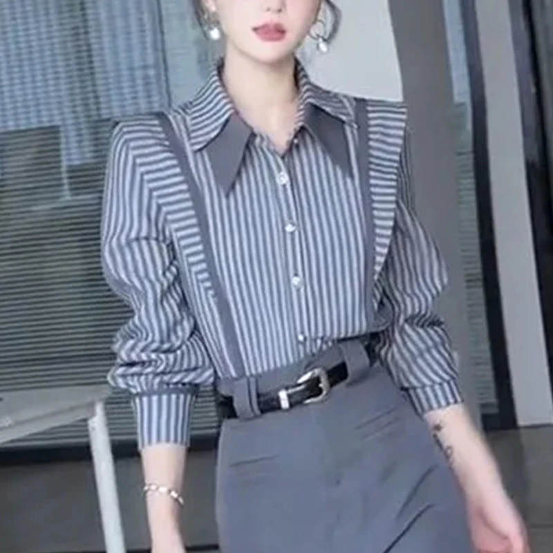 女士条纹气质长袖衬衫2025早秋季新款减龄宽松休闲显瘦设计感上衣