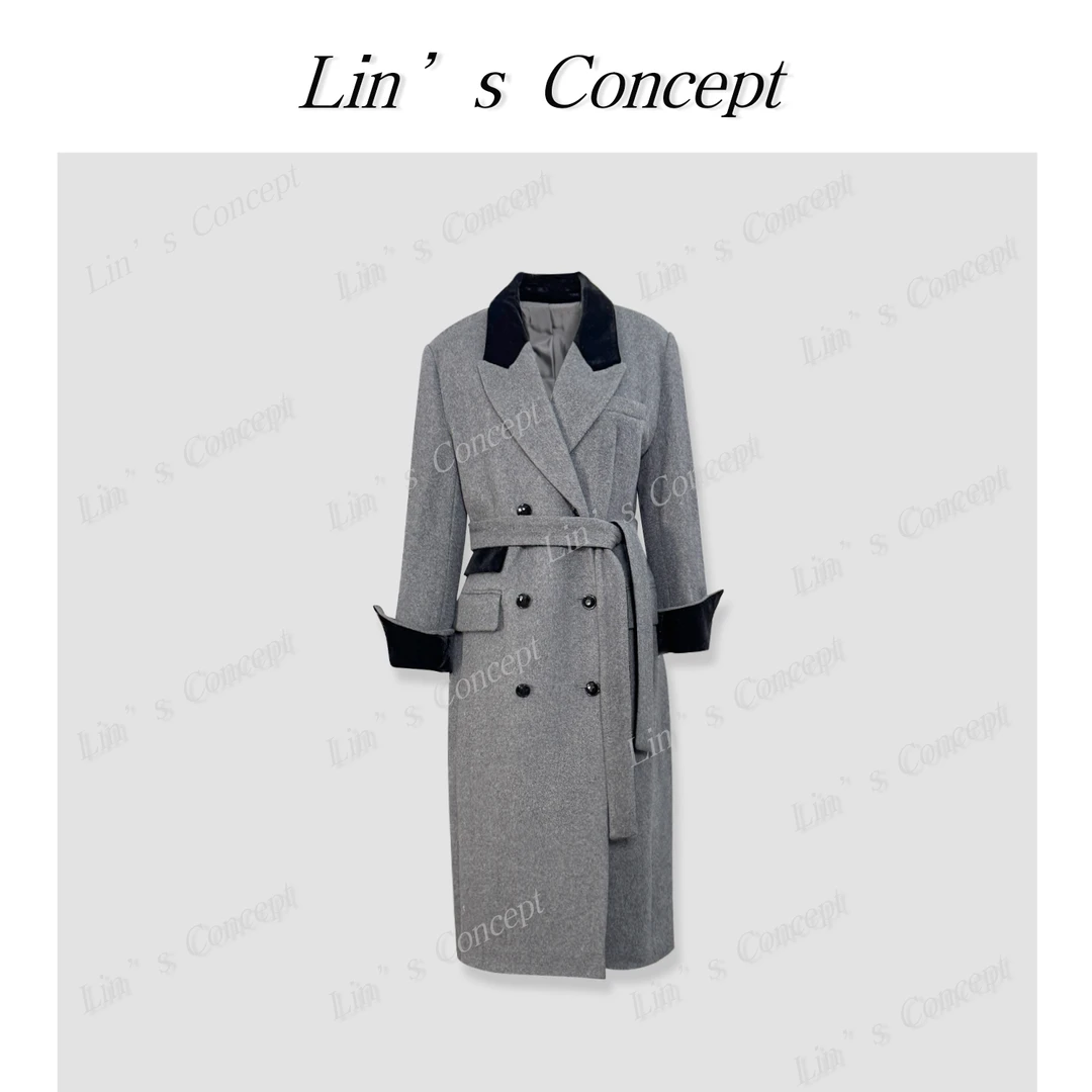 【Lin's concept】复古高级撞色拼接双排扣大衣DL2407089