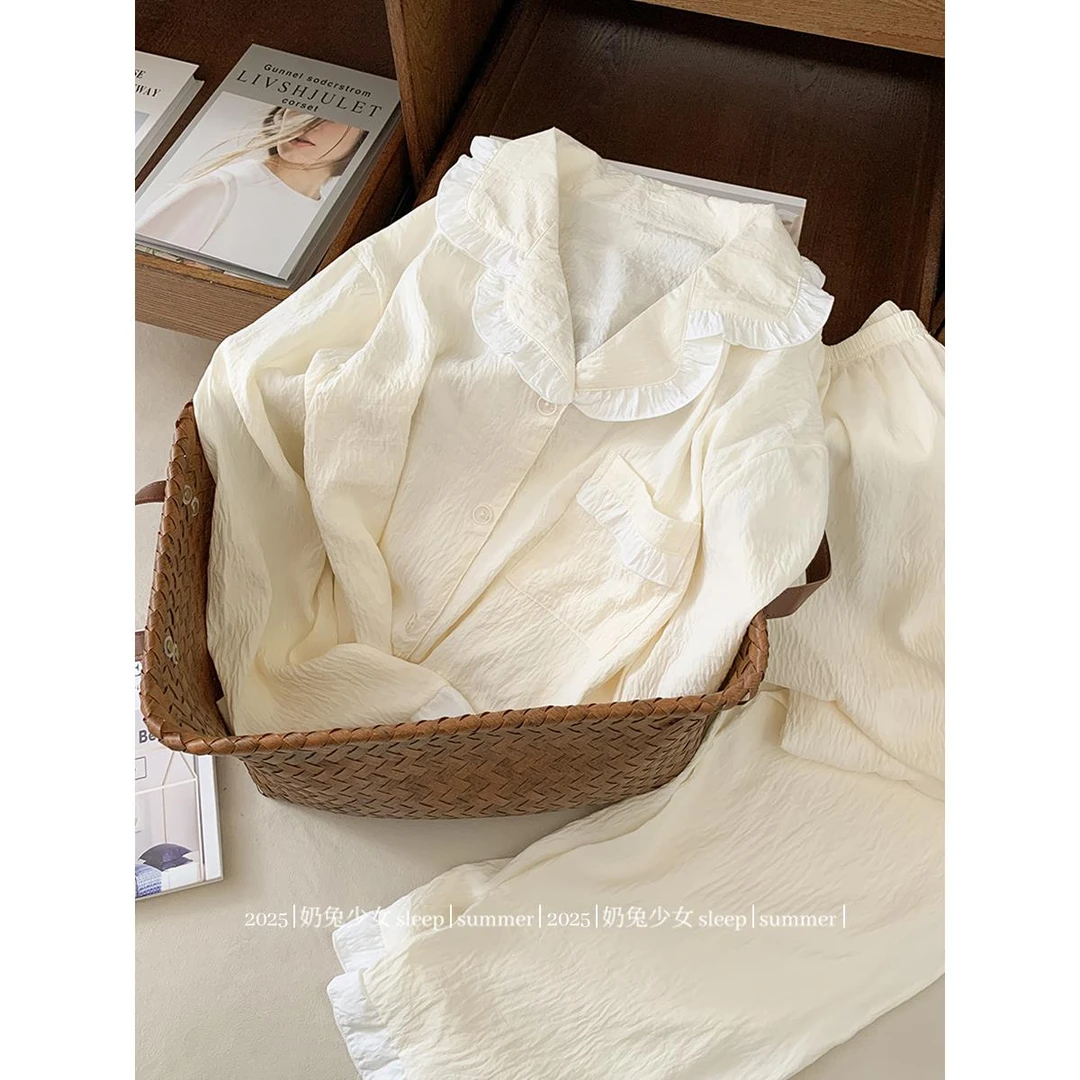小清新纯色荷叶边云朵棉睡衣女春秋季2025新款翻领开衫长袖家居服