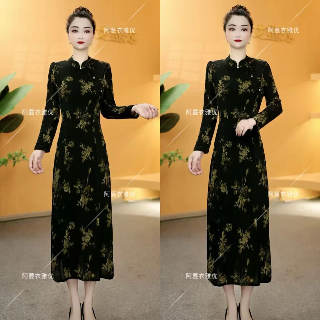 【衣雅严选】8102-2215#新款斜门襟新中式长袖弹力缎旗袍连衣裙