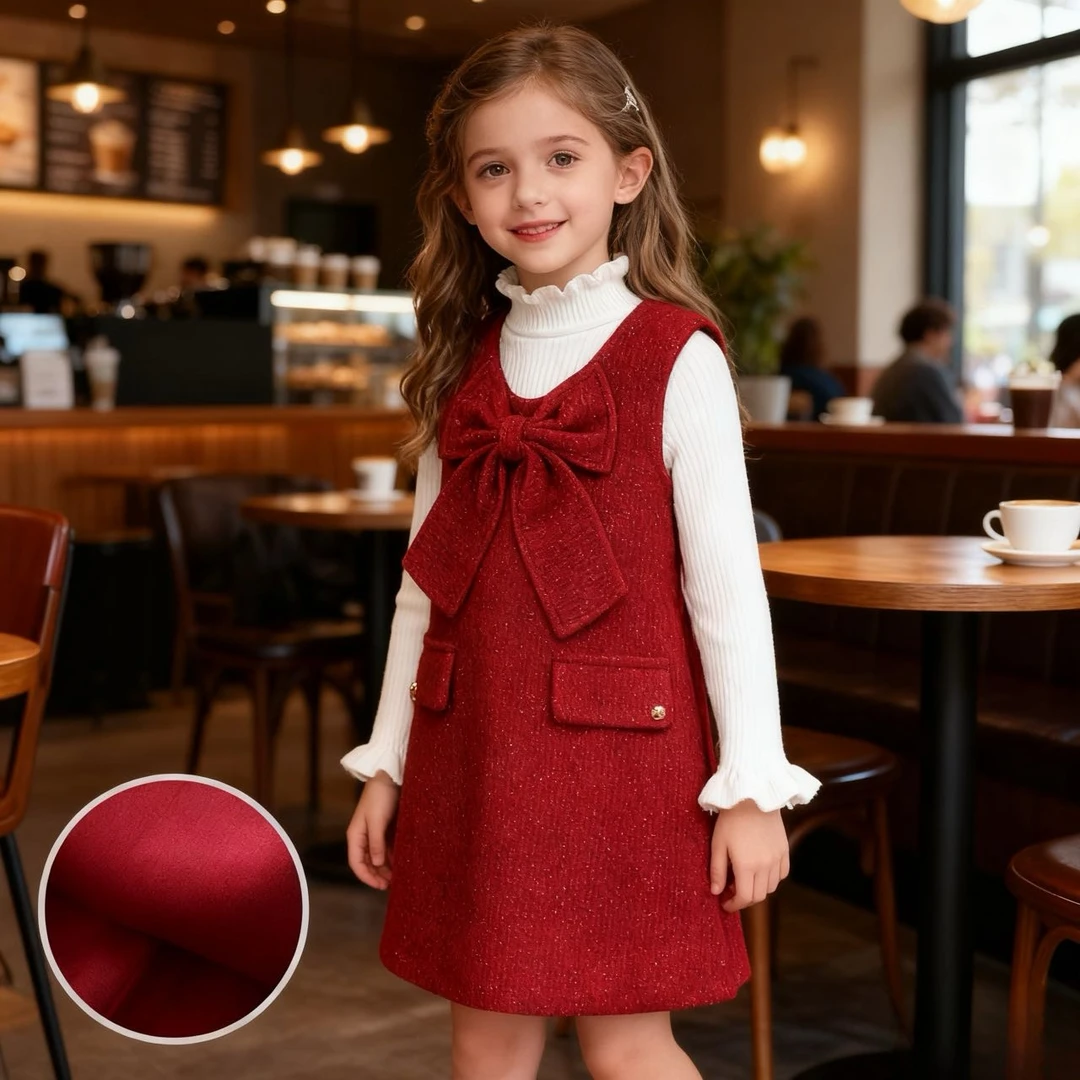 中大童秋冬连衣裙儿童加绒背心裙套装女孩冬季红色过年裙子拜年服