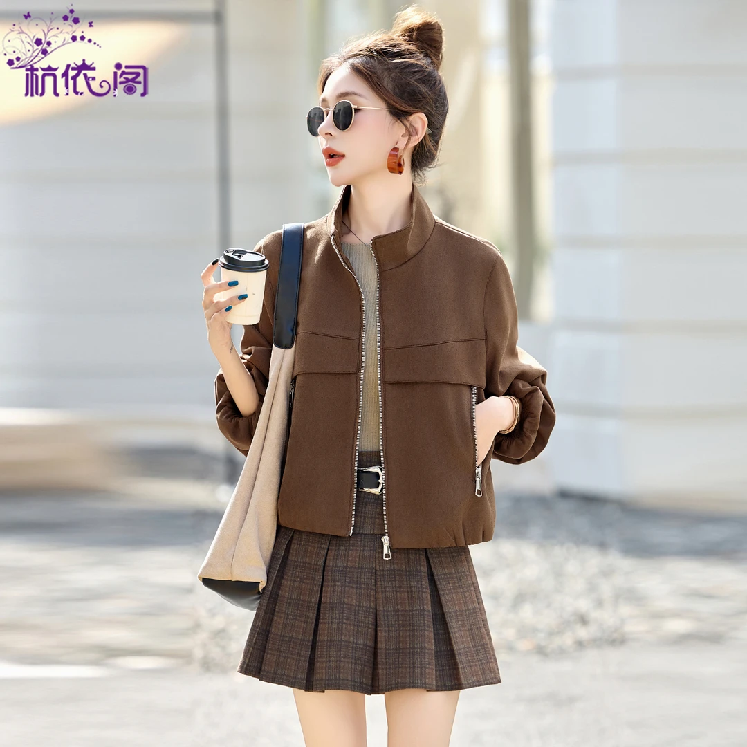 立领麂皮绒短外套女2025秋季新款美拉德复古休闲气质百搭夹克上衣