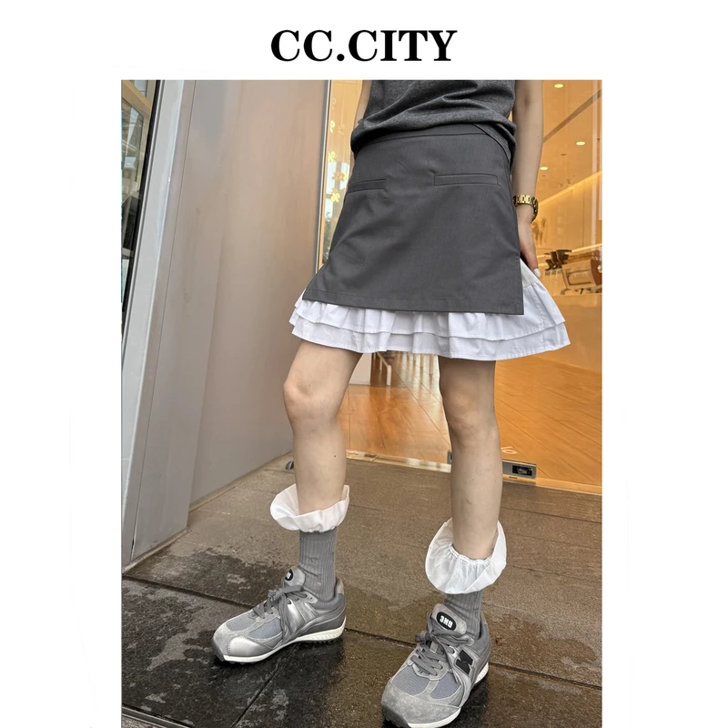 【蔡丽丽 & 添羽 】时尚洋气个性百搭西装拼接衬衣荷叶边裤裙6x1005