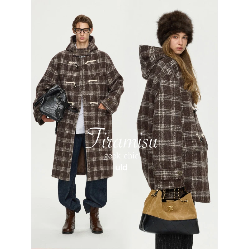 ULD/90s提拉米苏格纹中古手工版收藏级秘鲁源产马海毛牛角扣大衣