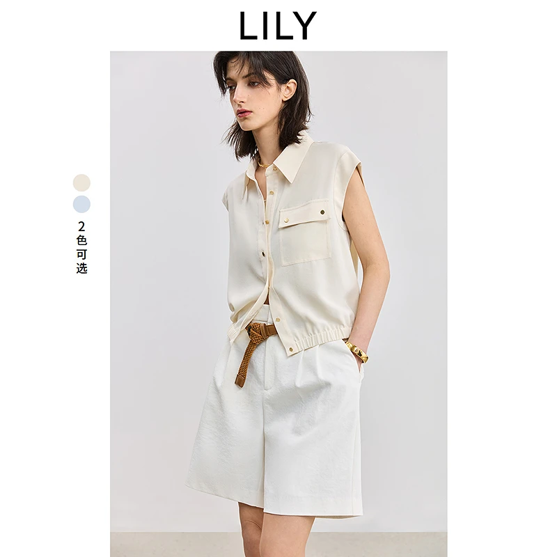 LILY2025夏新款百搭通勤白色无袖衬衫女125219C4920