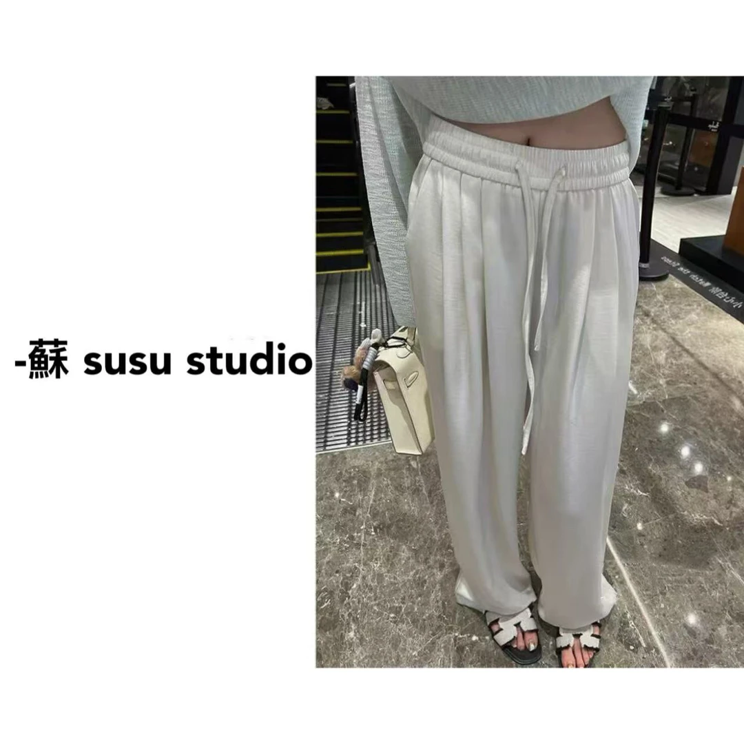 A25021新款气质丝滑抽绳休闲阔腿裤