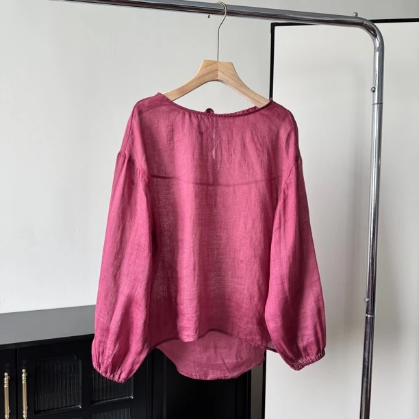 100支超细丝光苎麻 漂亮小衫灯笼袖防晒衬衣~