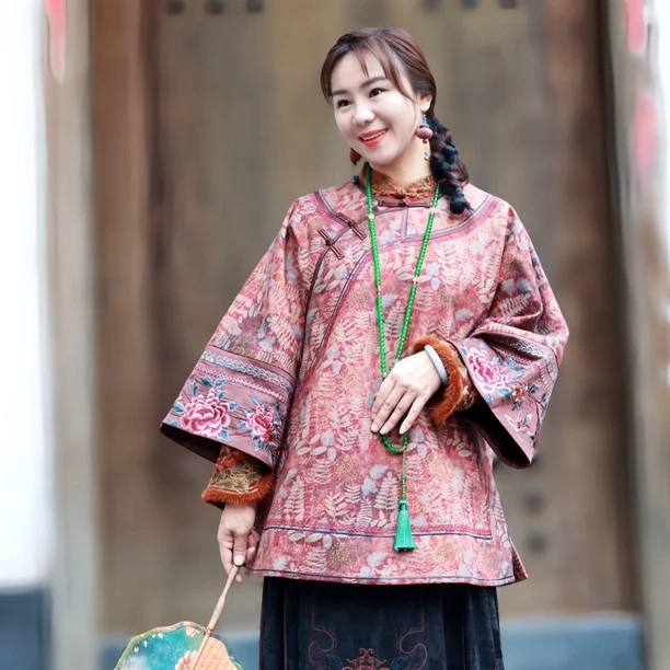【踏月】楚馨秋冬新中式重工复古刺绣花斜襟夹薄棉太太服棉衣棉服