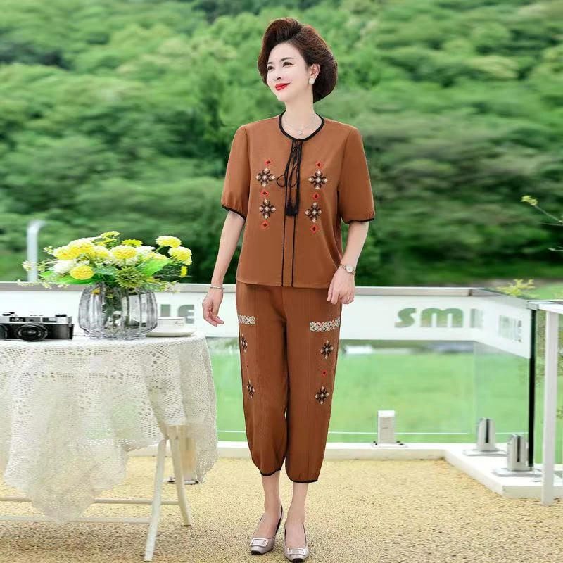 9209-妈妈夏装新款洋气上衣套装女夏季短袖两件套装【C8-4-4】