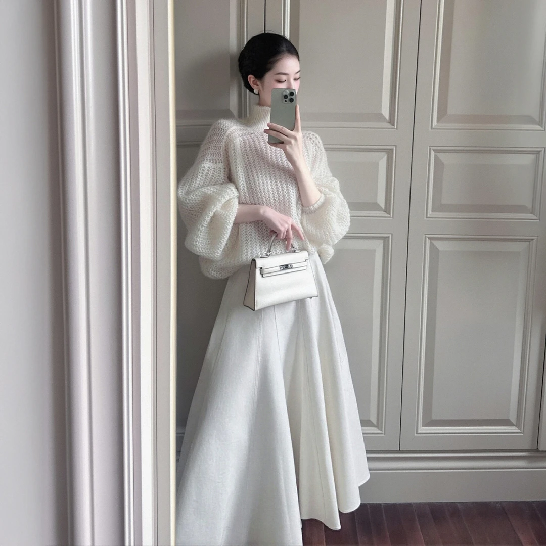 极简风时尚套装秋冬新款针织半高领休闲百搭长袖上衣大裙摆半身裙