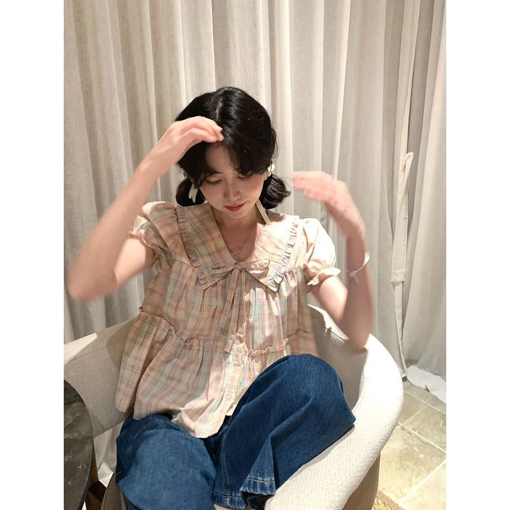 泡袖格纹短袖娃娃领衬衫女2025夏季设计感小众甜美