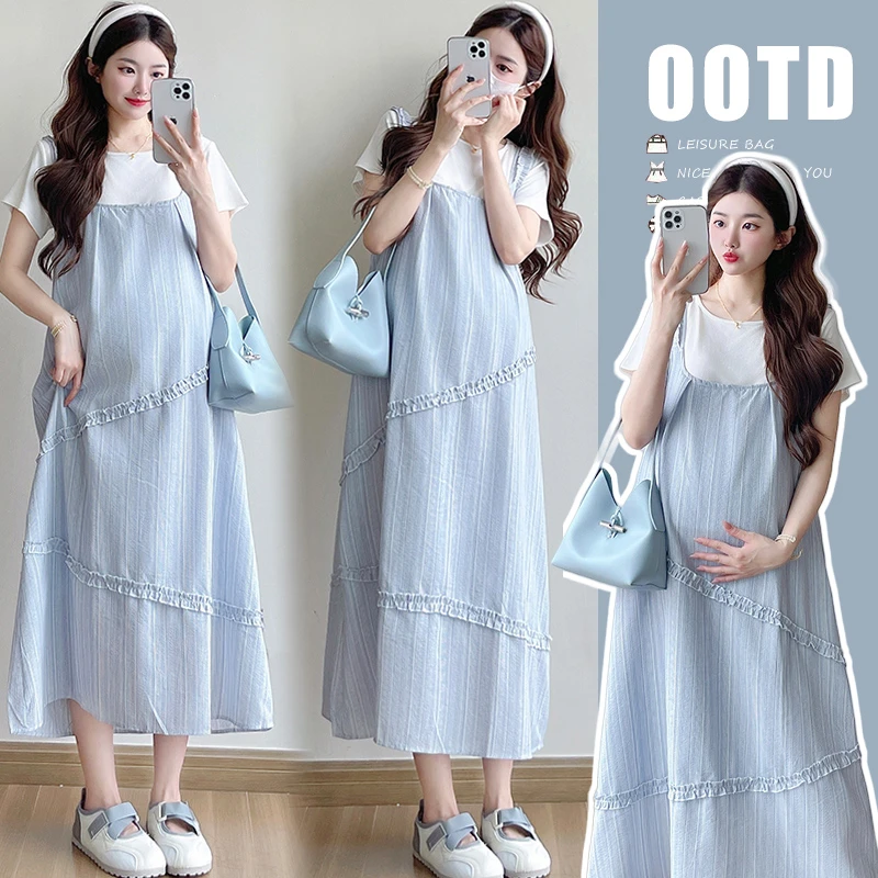 孕妇夏季新款连衣裙时尚洋气装韩系小清新孕妇裙两件套夏装牛仔