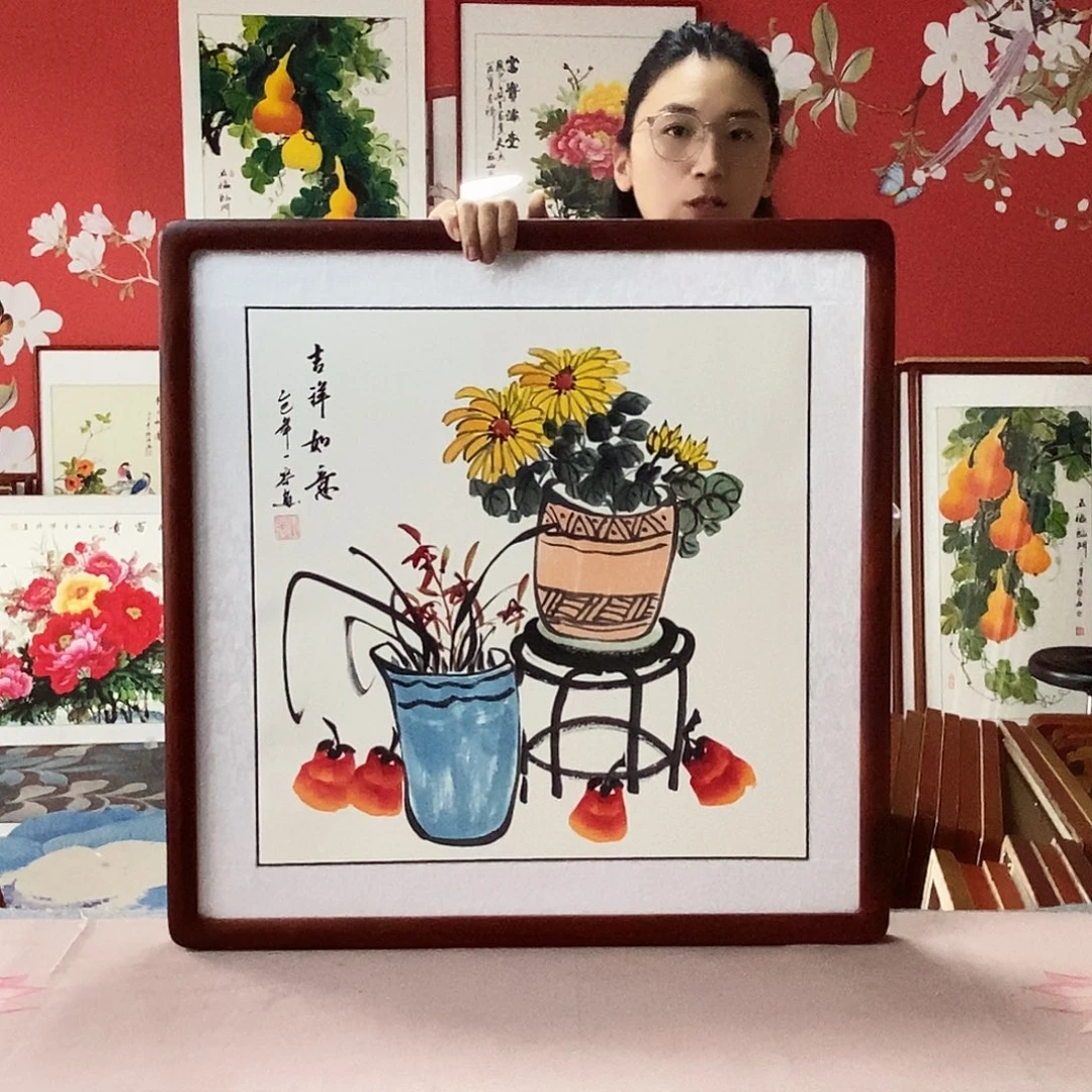 国画手写手绘带框包邮国画作品62✖️62