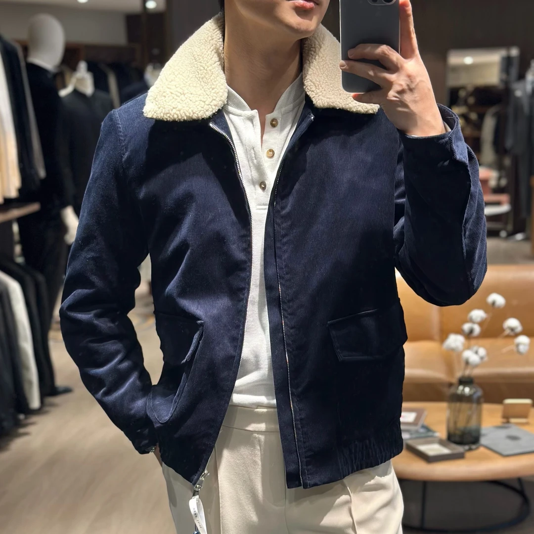 PEONIA ROSSA冬季灯芯绒夹克加厚夹棉男士可拆卸毛领外套男