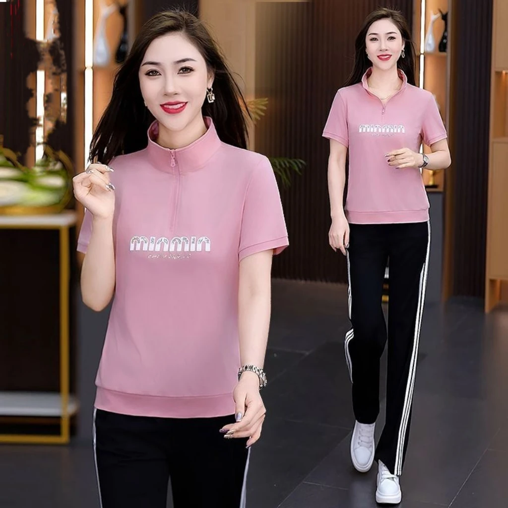 运动套装女士2025新款夏天中年妈妈时尚高级感冰丝薄跑步服两件套