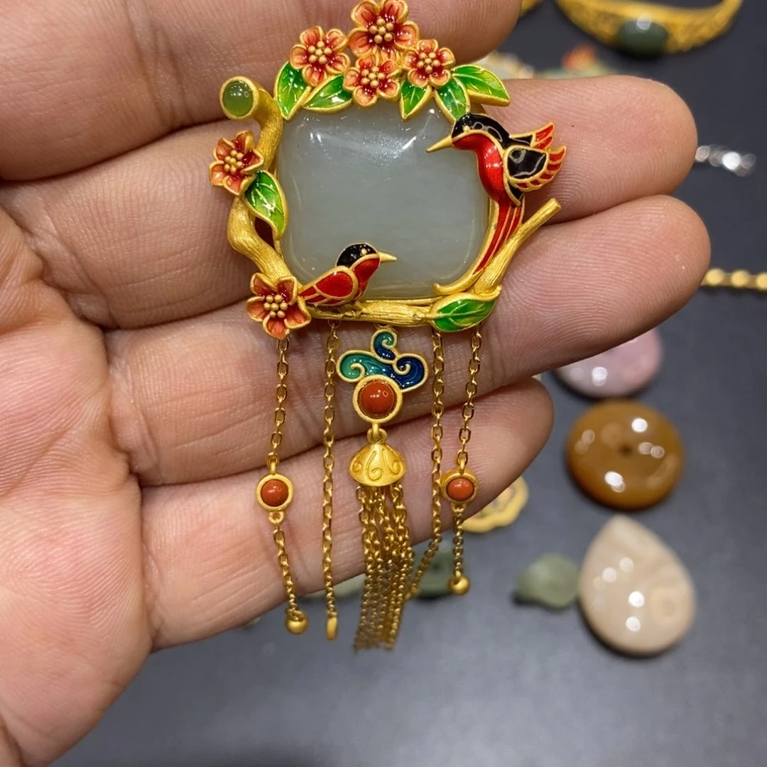 和田玉颈饰银S925镀金镶嵌