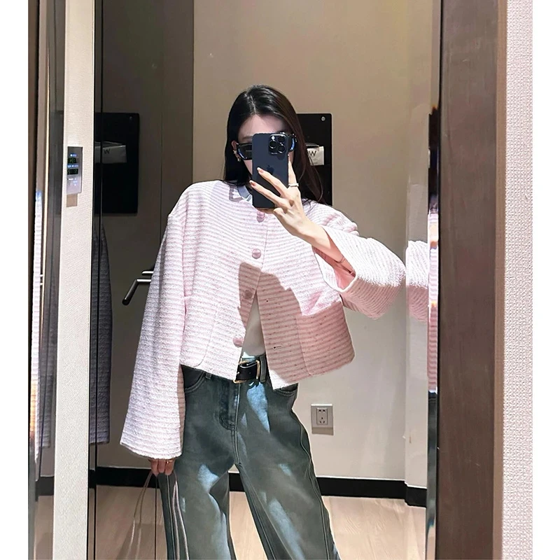 2025早秋粉色小香风短外套女气质法式设计感小众温柔名媛条纹上衣