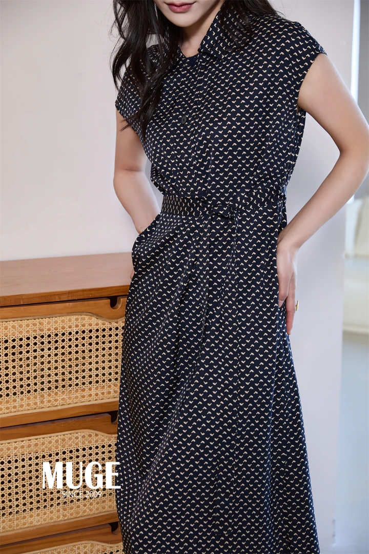 MUGE/慕歌中长裙A字裙斜襟波点长裙连衣裙系带碎花时尚夏季显瘦