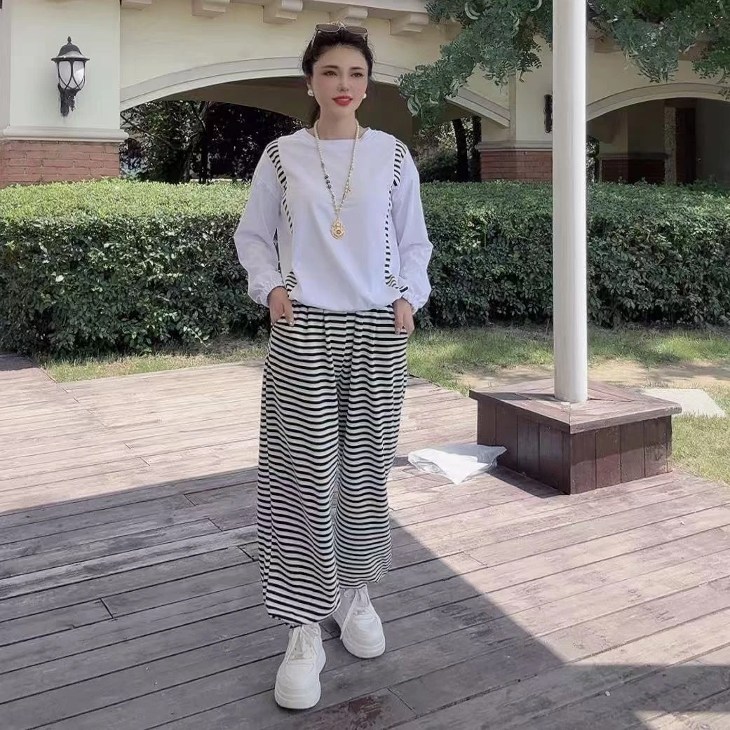 新款条纹休闲时尚套装显瘦显瘦气质长袖网红高腰百搭百搭百搭百搭