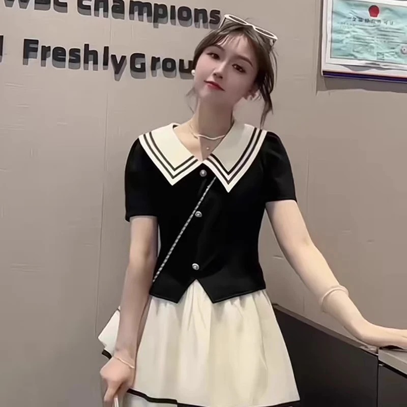 韩系洋气拼接娃娃领撞色短袖衬衫女夏季新款设计感半身短裙两件套