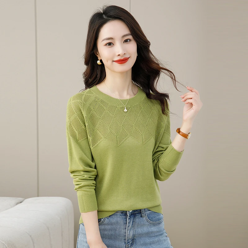 2025春秋新款女装薄款圆领长袖针织衫时尚宽松显瘦百搭套头上衣