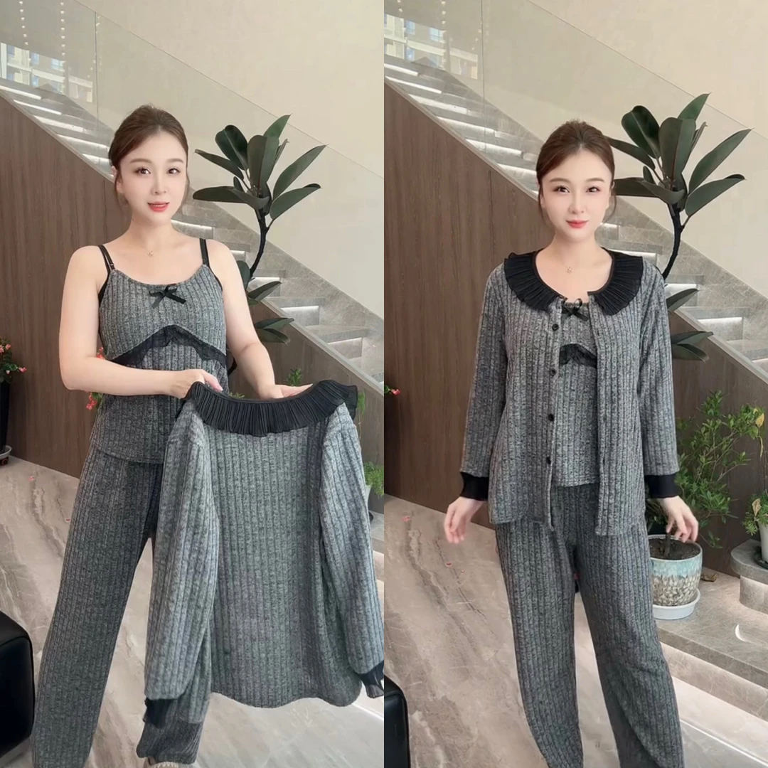 【带胸垫三件套】秋冬新款显瘦时尚家居服睡衣套装洋气流行宽松舒适