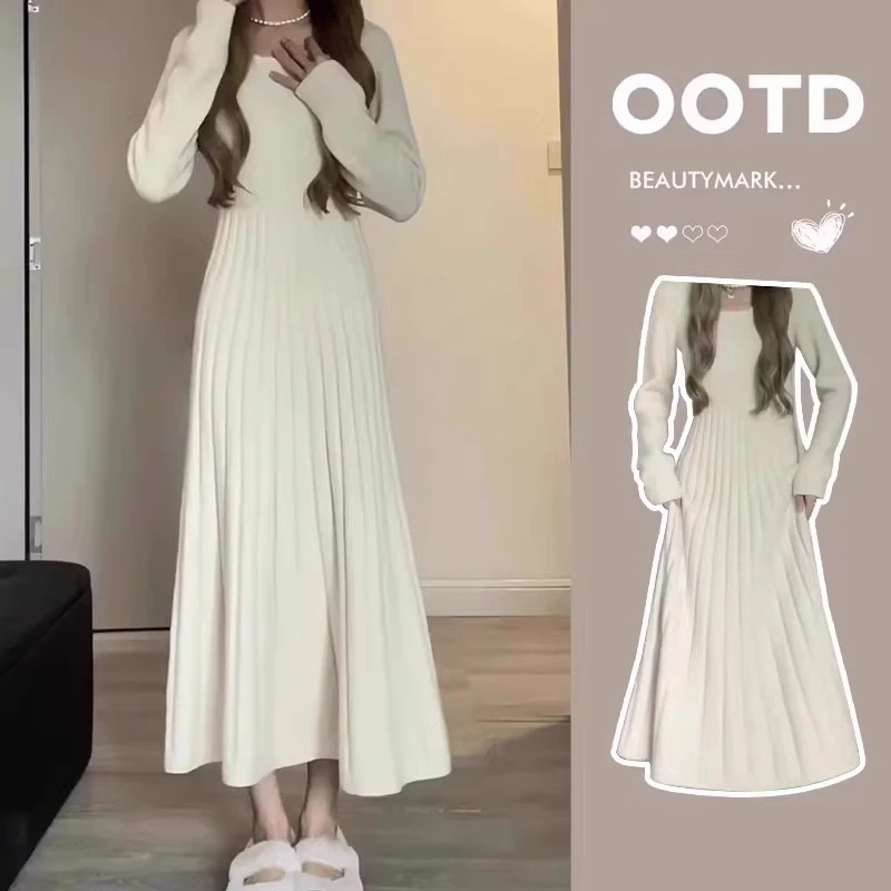 【珠珠专属】针织连衣裙女秋冬季皮草内搭大衣打底小个子毛衣长裙