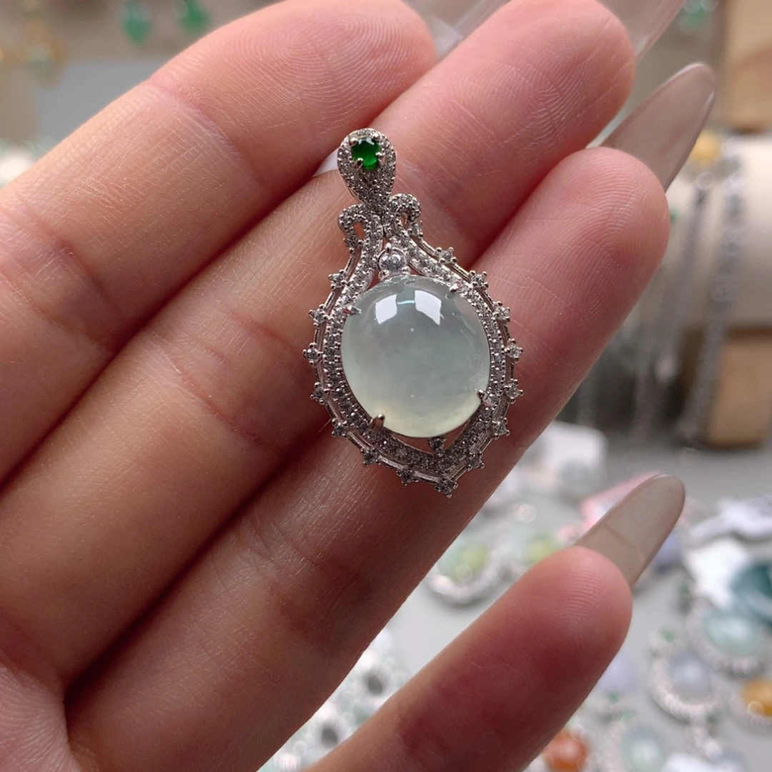 翡翠戒圈银S925镶嵌吊坠