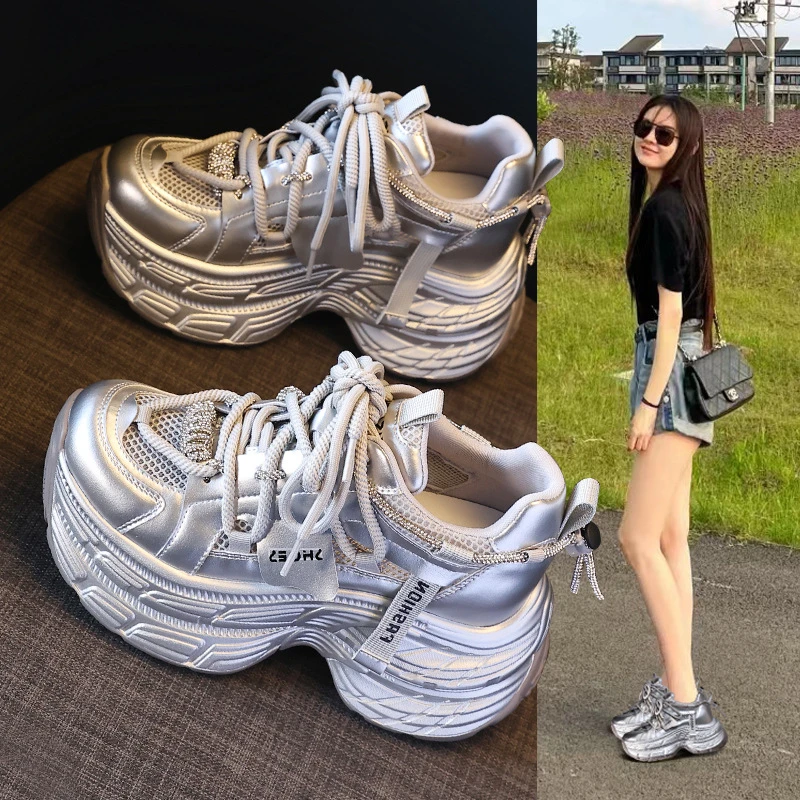 厚底内增高网面透气甜酷风老爹鞋女2025春季时尚水钻运动休闲鞋