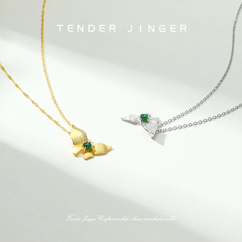 Tender Jinger新款S925银镶嵌天然翡翠蝴蝶送银素链多样性发一件