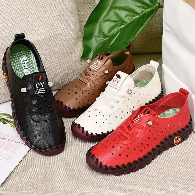 平底2025新款纯手工缝制妈妈鞋打孔单鞋女软底软面洞洞鞋镂空透气