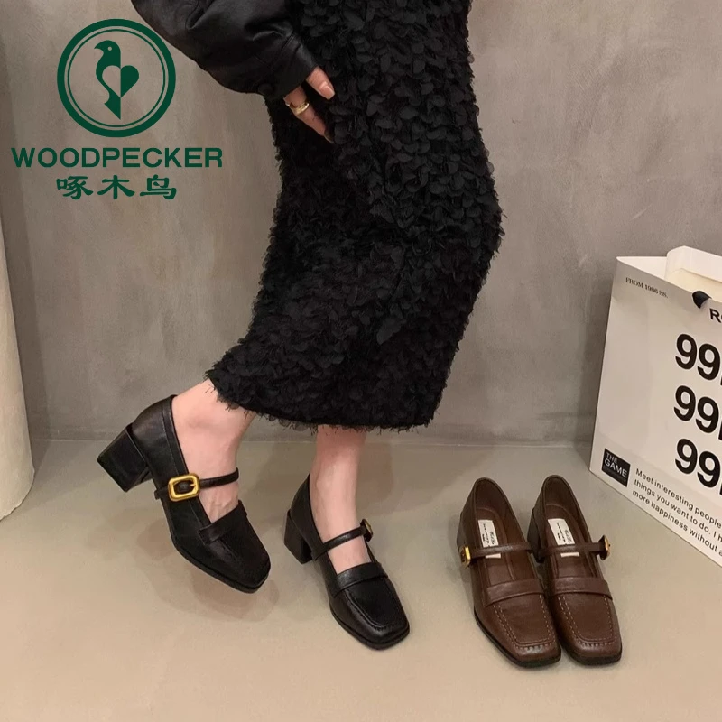 啄木鸟法式复古方头粗高跟单鞋女春秋新款通勤气质玛丽珍小皮鞋女