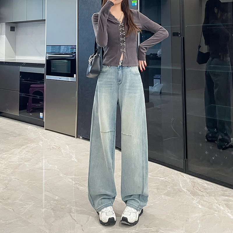 2025年春季新款牛仔裤宽松特色设计美式复古直筒欧美百搭拖地裤女
