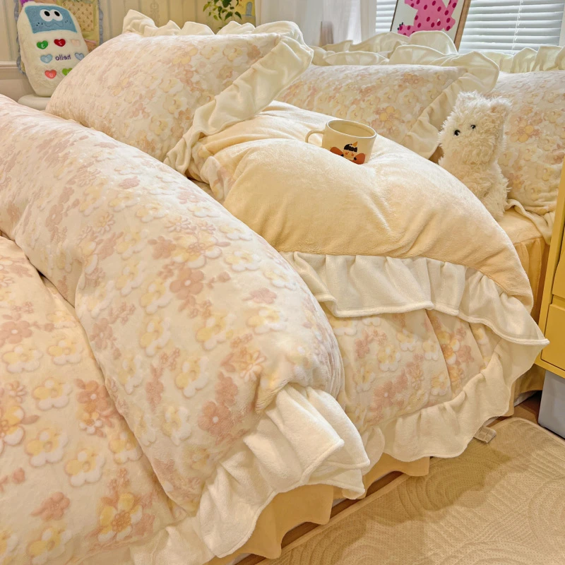 仙女法式田园花卉雕花牛奶绒床上四件套公主风褶皱花边珊瑚绒被套
