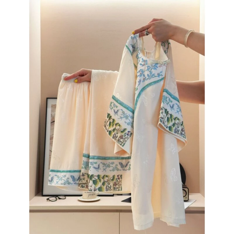 时尚潮牌古色提花短袖三件套睡衣女优雅居家套装可外穿SY241047