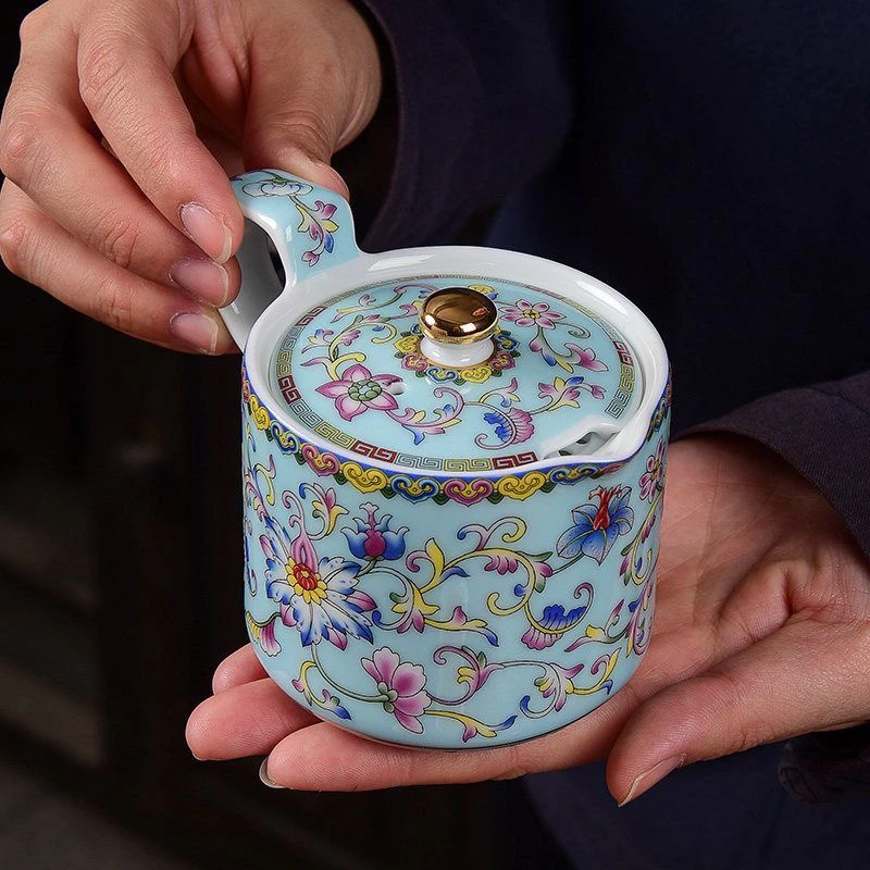 成艺 柒彩珐琅懒人茶壶   珐琅彩盖滤式茶壶过滤家用陶瓷茶壶