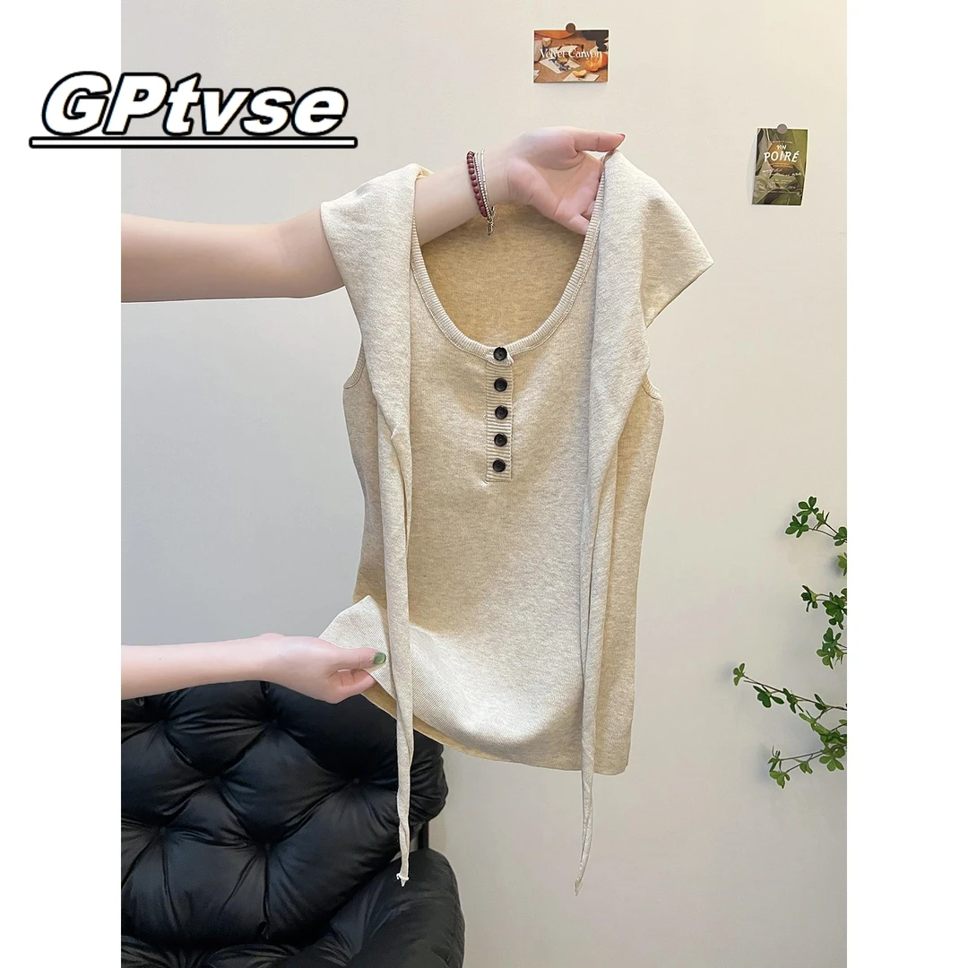 GPTVSE夏季性感甜辣妹u领冰丝针织背心女外穿披肩无袖上衣两件套