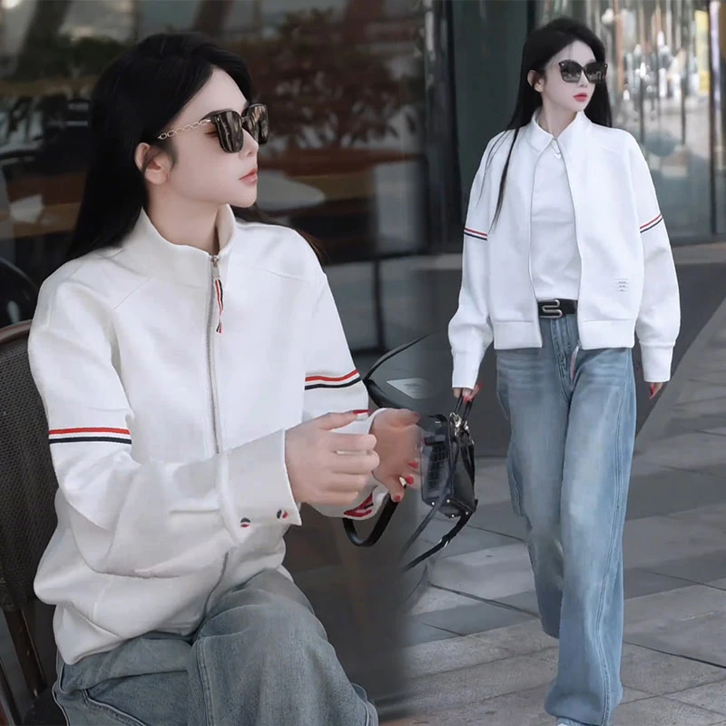 2025春季潮牌百搭长拉链撞色设计立领棒球服卫衣外套牛仔裤两件套