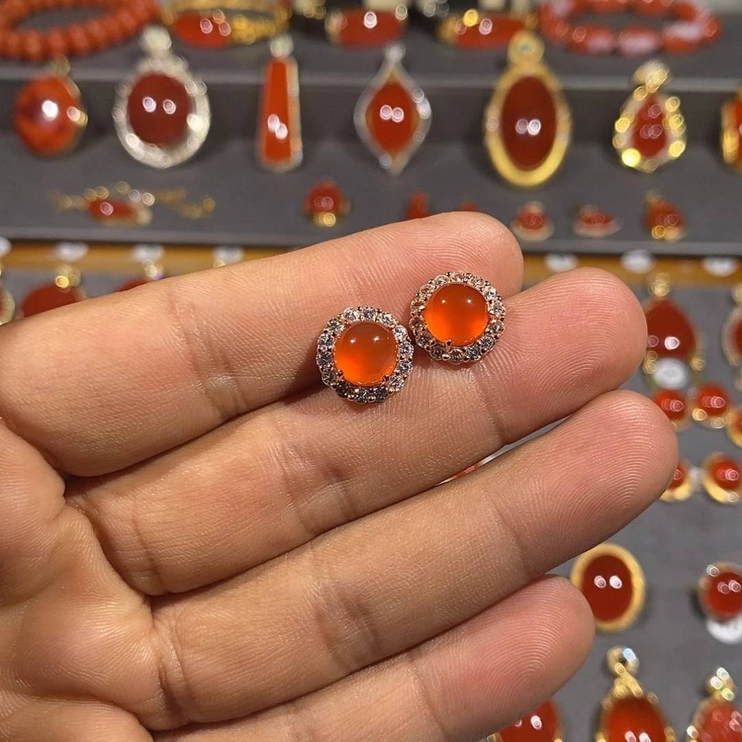 南红玛瑙耳饰银S925镶嵌