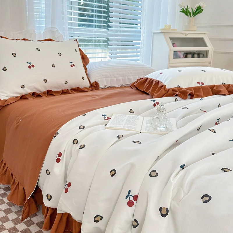 韩版双层纱水洗棉麻夏被四件套AB版花边碎花夏凉被单双人床空调被