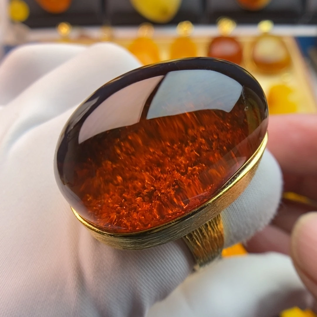 琥珀戒指银S925镀金镶嵌