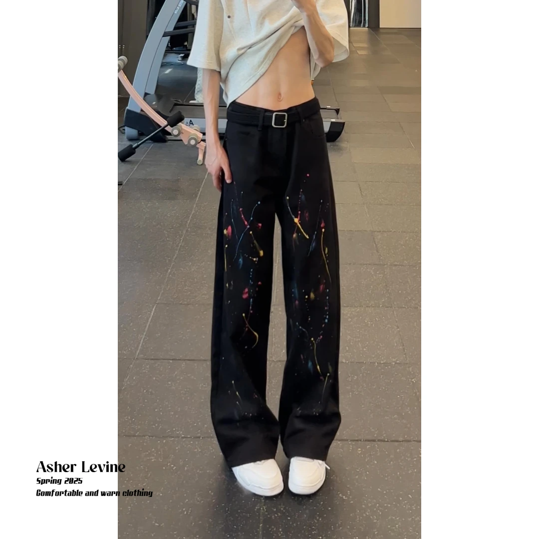 美式高街泼墨涂鸦牛仔裤男款直筒cleanfit2025新款裤子百搭阔腿裤