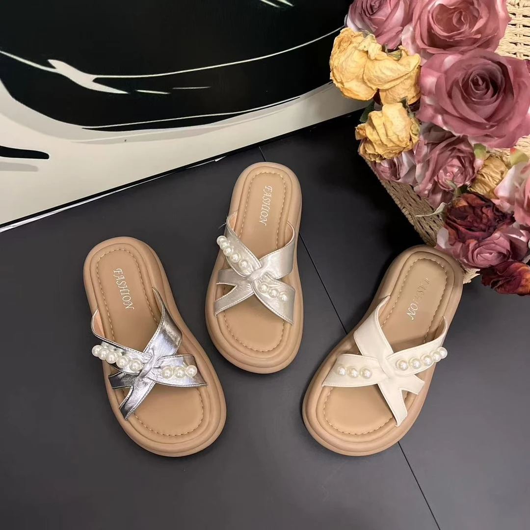 2025夏季新款简约风交叉珍珠百搭气质款时尚外穿厚底舒适拖鞋-5CM